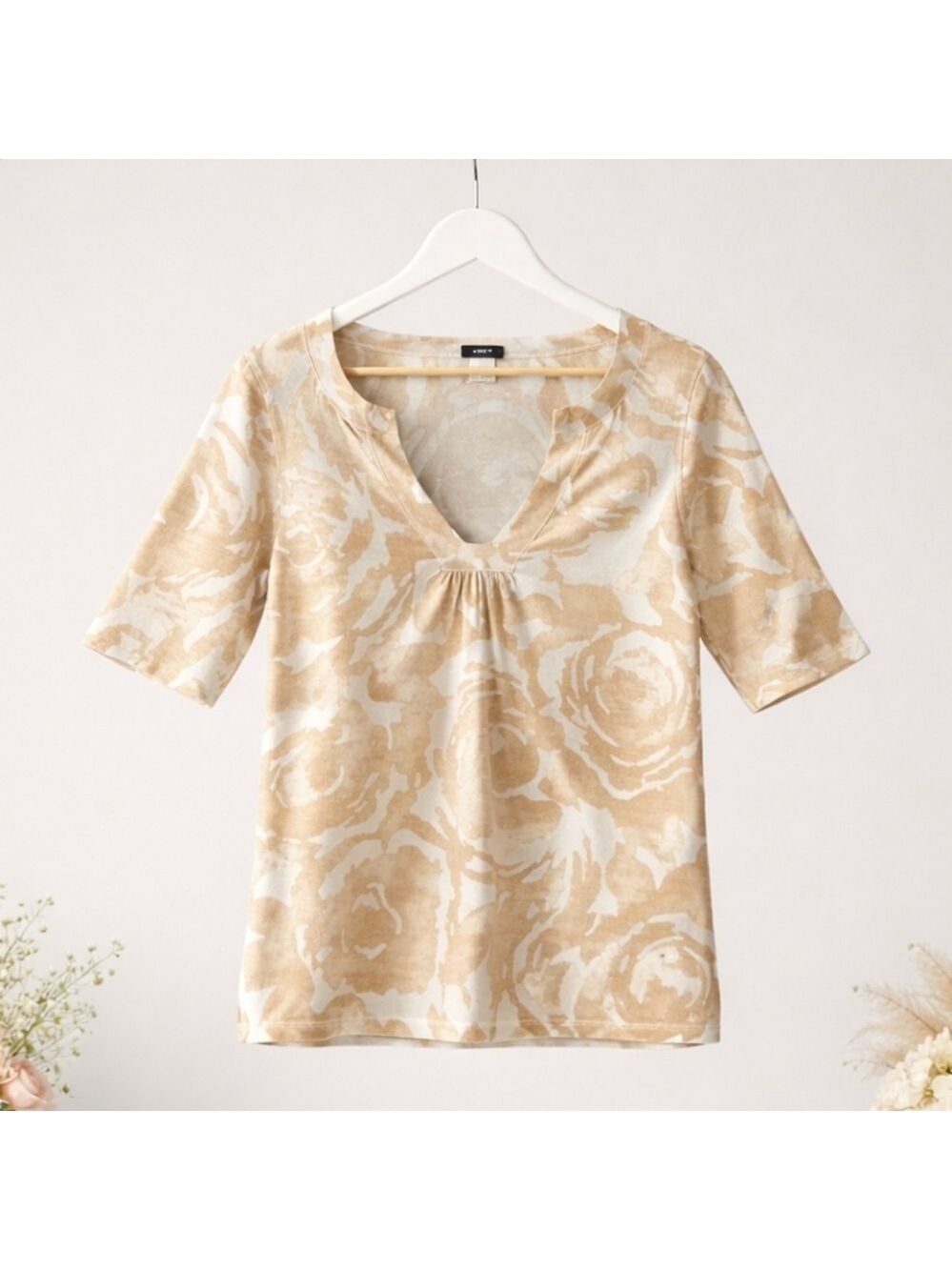 J.Crew Women's Floral Beige & White V-Neck Top, Size Small